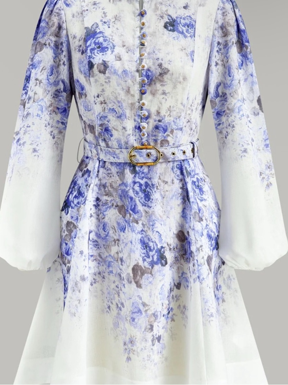 Commense Floral Print Long-Sleeve A-Line Dress in Blue and White